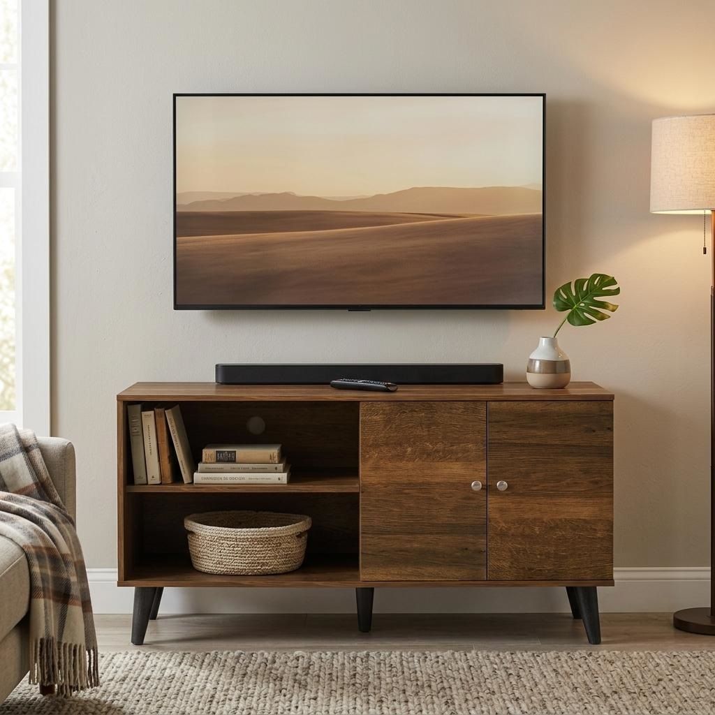Medium brown TV stand with two open shelves and cabinet doors, tapered wooden legs