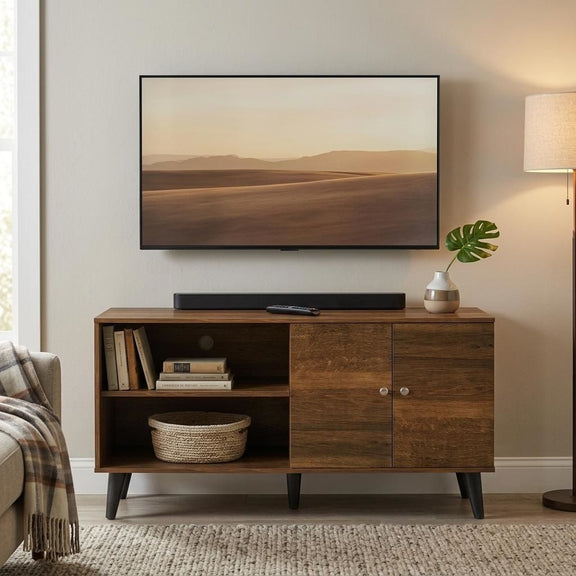 Medium brown TV stand with two open shelves and cabinet doors, tapered wooden legs