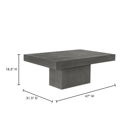Cement gray outdoor coffee table, 47W x 31.5D x 18.5H, square top and pedestal base.