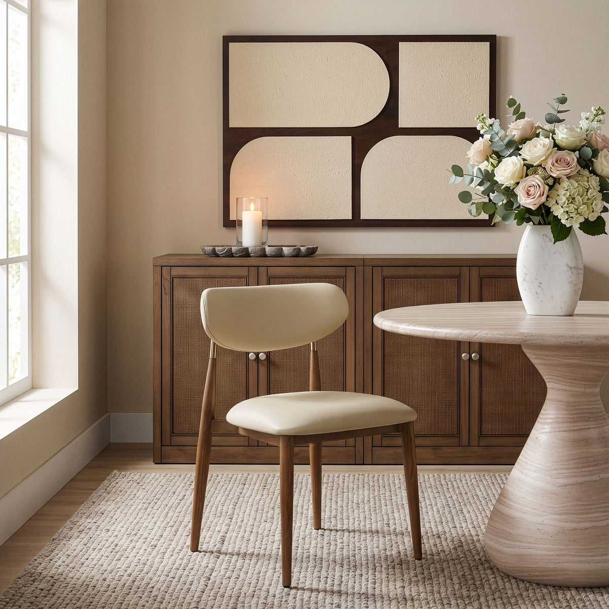Beige upholstered dining side chair with curved back and walnut legs