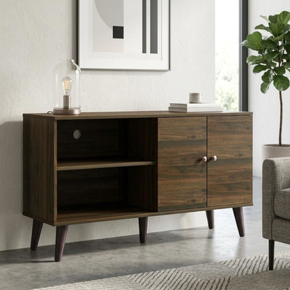 Dark brown TV stand with two open shelves and central cabinet with two doors