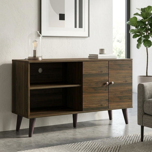 Dark brown TV stand with two open shelves and central cabinet with two doors