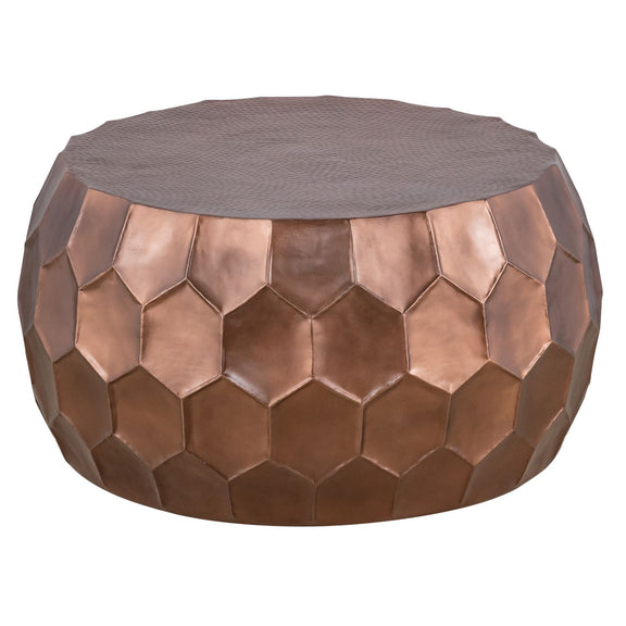 Round coffee table with gold-toned hex-pattern metal sides and gray fabric top