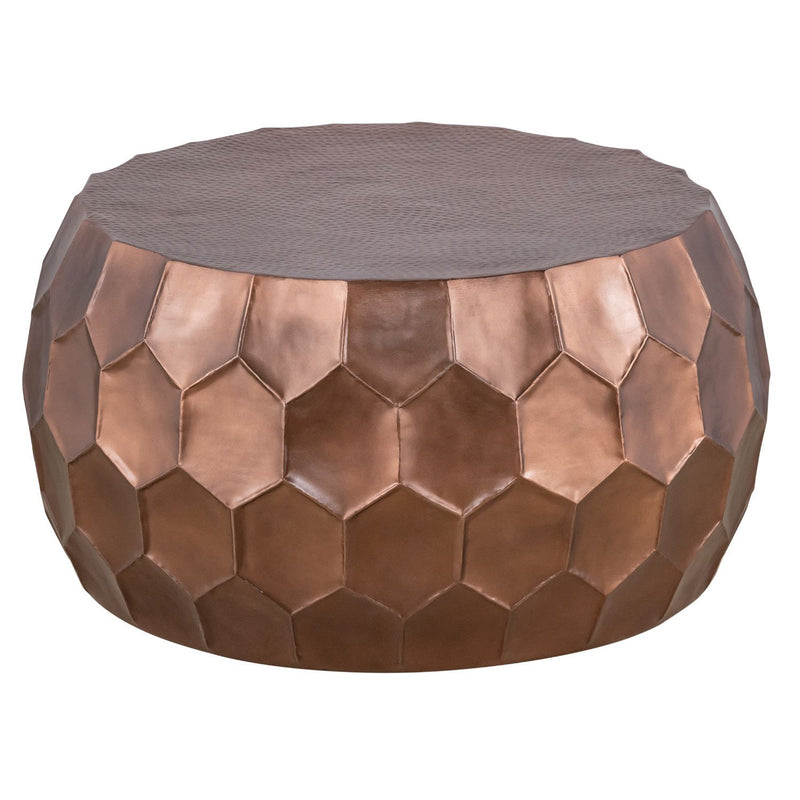 Round coffee table with gold-toned hex-pattern metal sides and gray fabric top