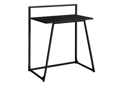 Black computer desk with flat top and angled metal legs, open-frame design.