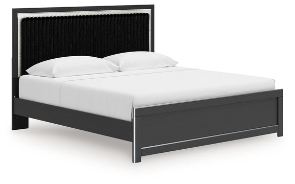 Upholstered platform bed with roll slats, white frame and black upholstered headboard