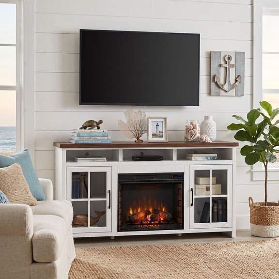 White TV stand console with fixed shelves and built-in fireplace insert, front view