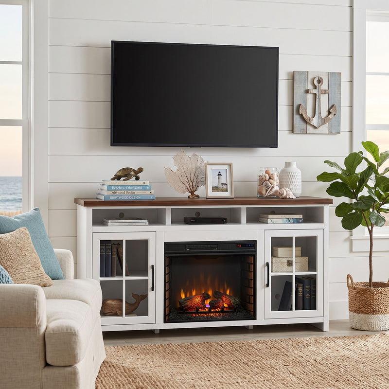White TV stand console with fixed shelves and built-in fireplace insert, front view