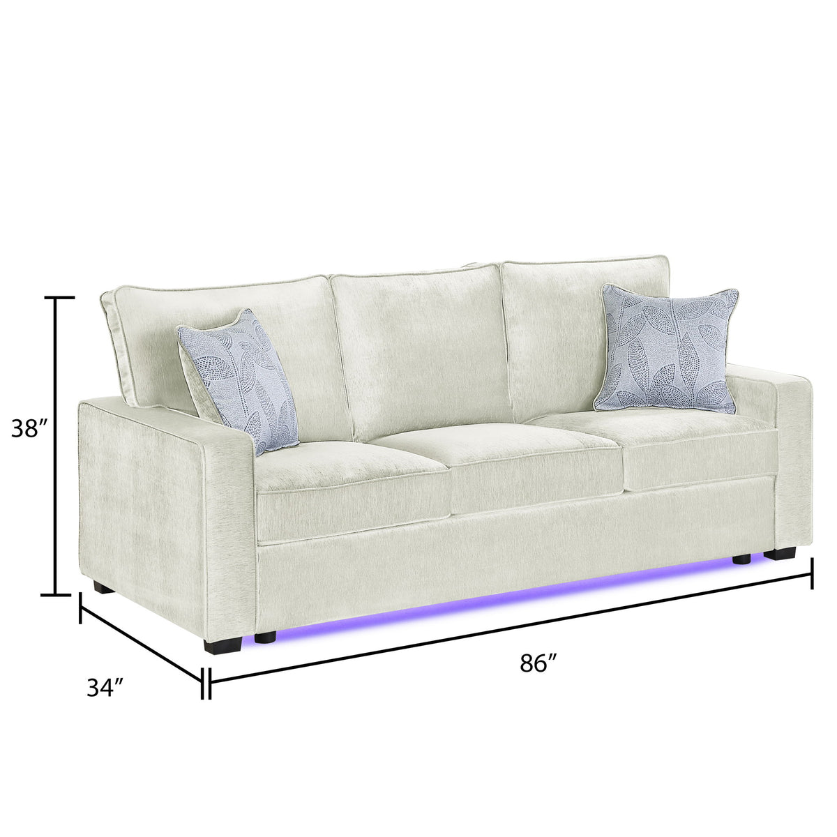 Light beige upholstered sofa with squared arms, 2 throw pillows, and LED base light strip