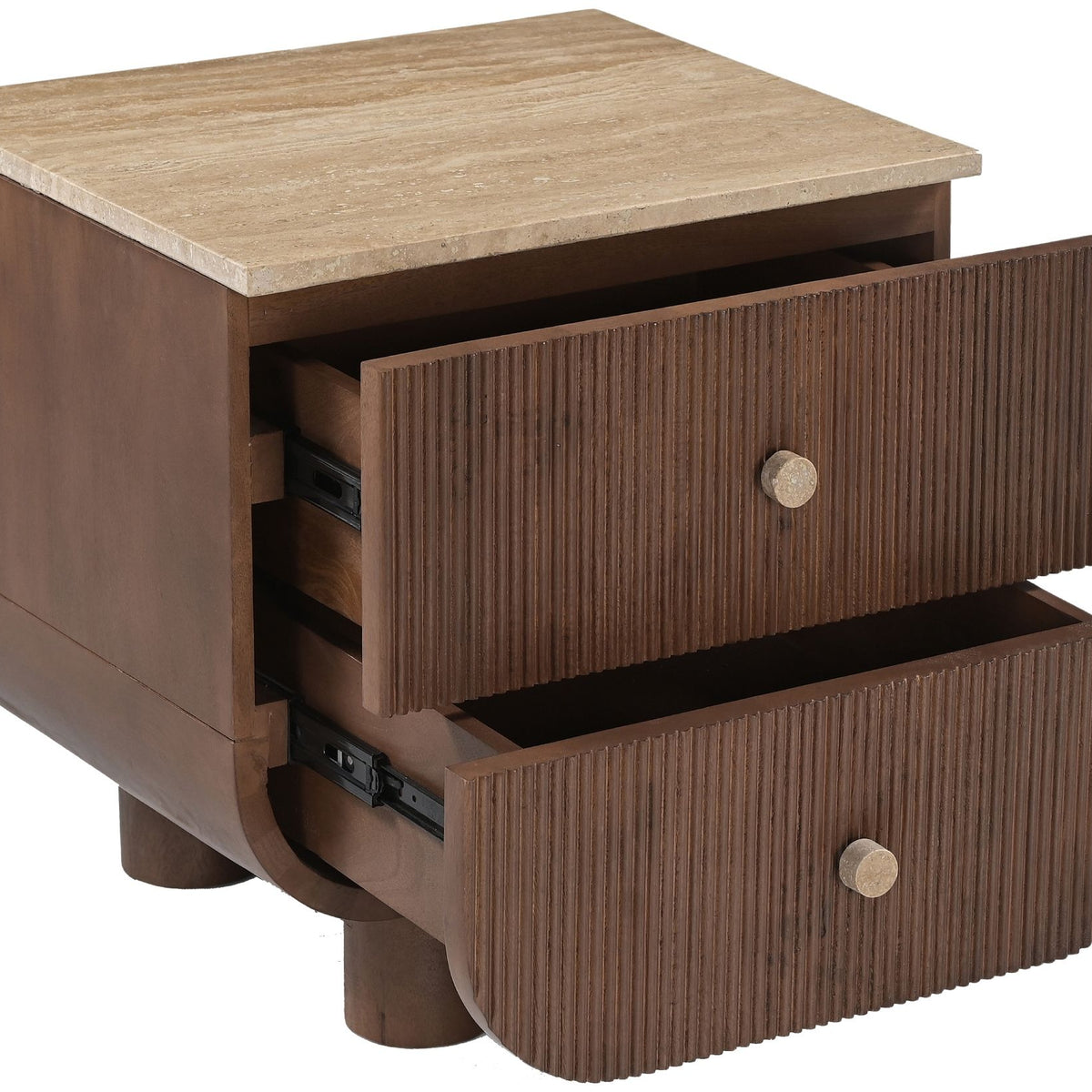 Mango wood nightstand with open drawers, light wood top, round metal knobs