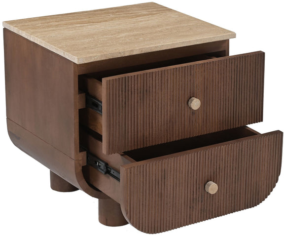 Mango wood nightstand with open drawers, light wood top, round metal knobs