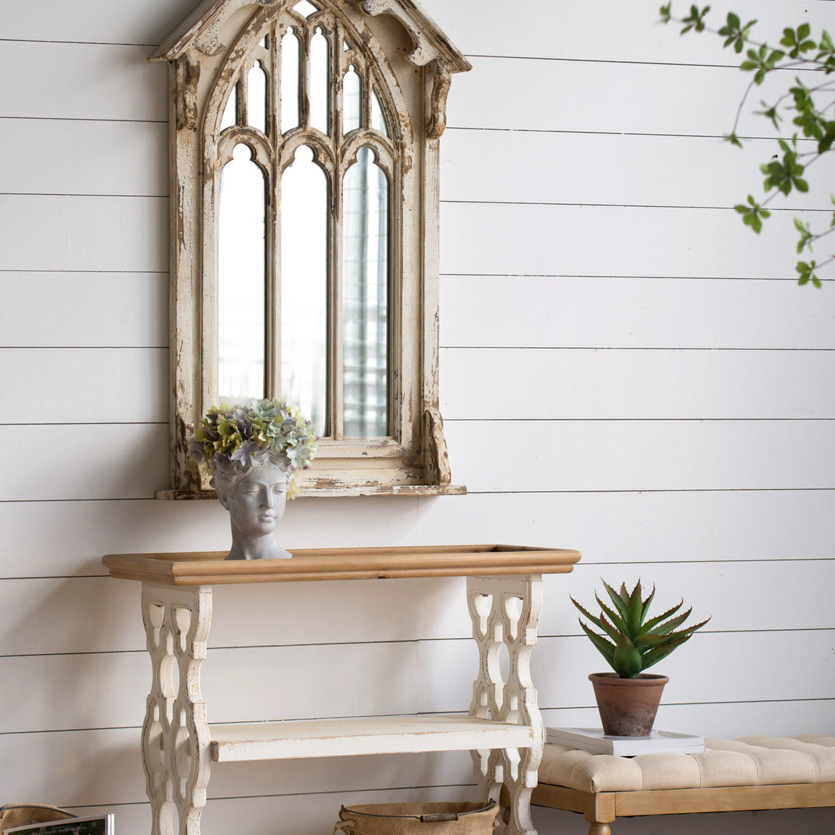 Distressed Wood Shelf Tray, French Country Console Table - Brown / Antique White