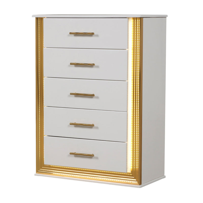 White LED 5-drawer chest with gold bar handles and illuminated vertical side trim