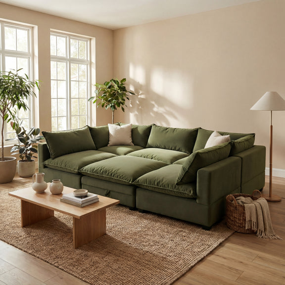 Olive Green Velvet Cloud Sova Section...