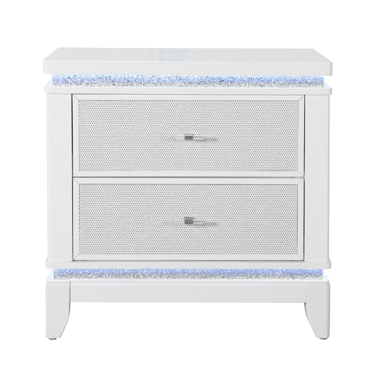 White nightstand cooler with two front mesh speaker panels and blue trim