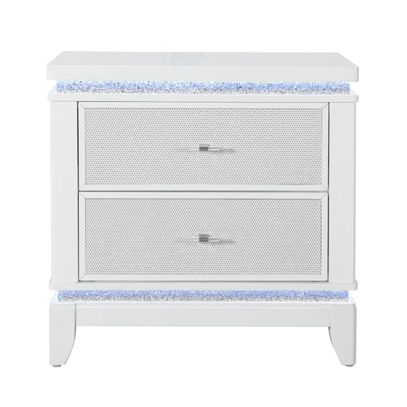 White nightstand cooler with two front mesh speaker panels and blue trim