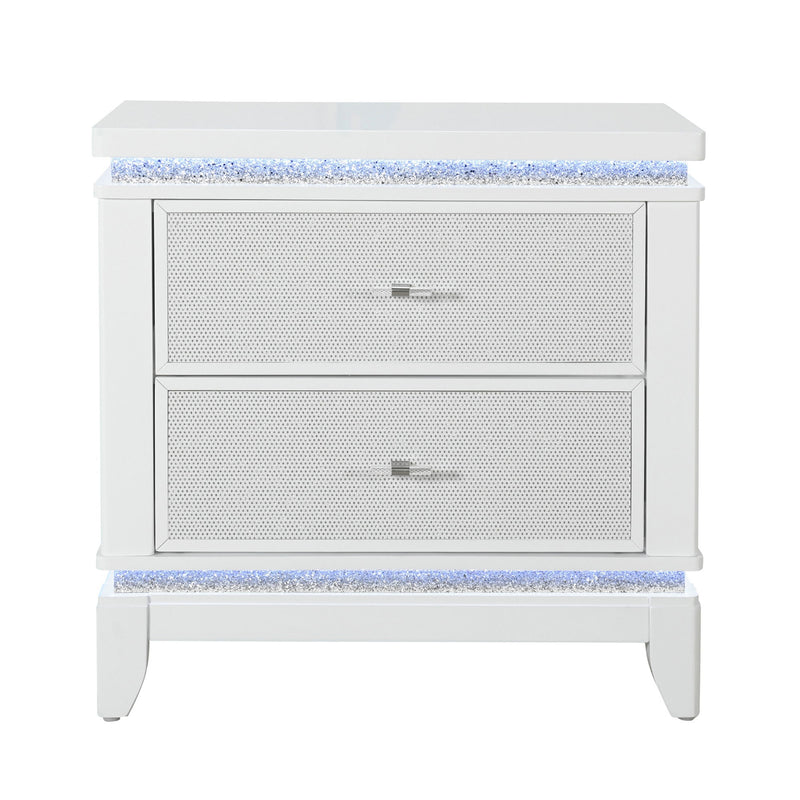 White nightstand cooler with two front mesh speaker panels and blue trim