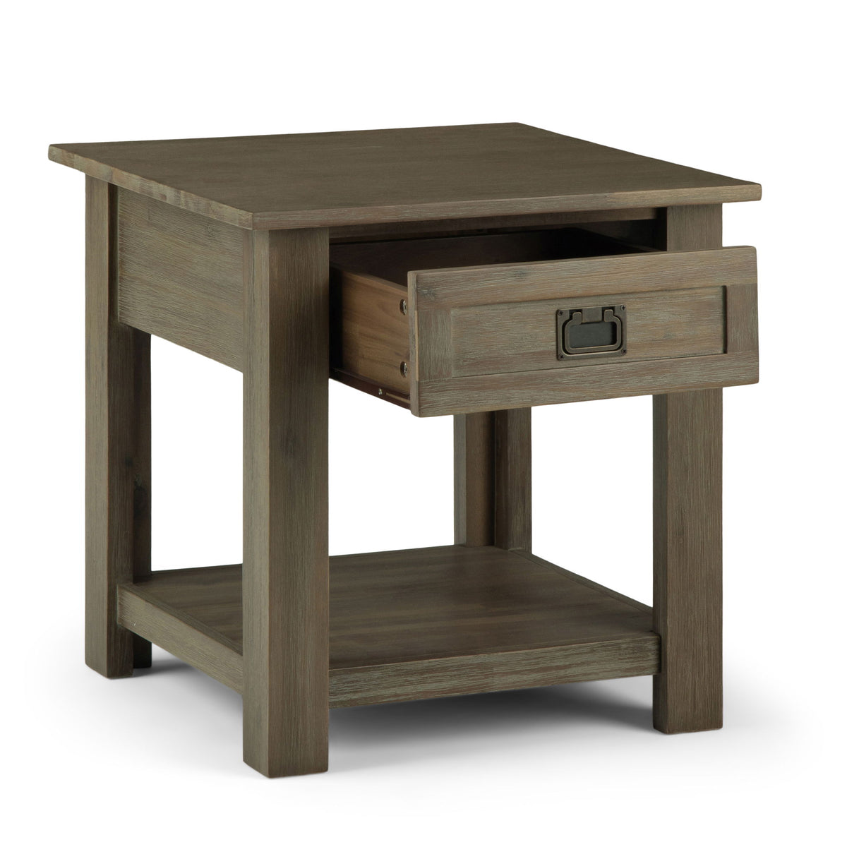 Monroe handcrafted side table with open drawer and lower shelf, dark gray-brown wood