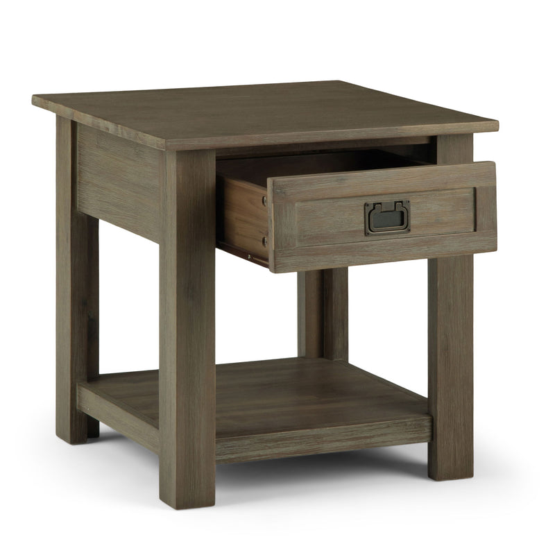 Monroe handcrafted side table with open drawer and lower shelf, dark gray-brown wood
