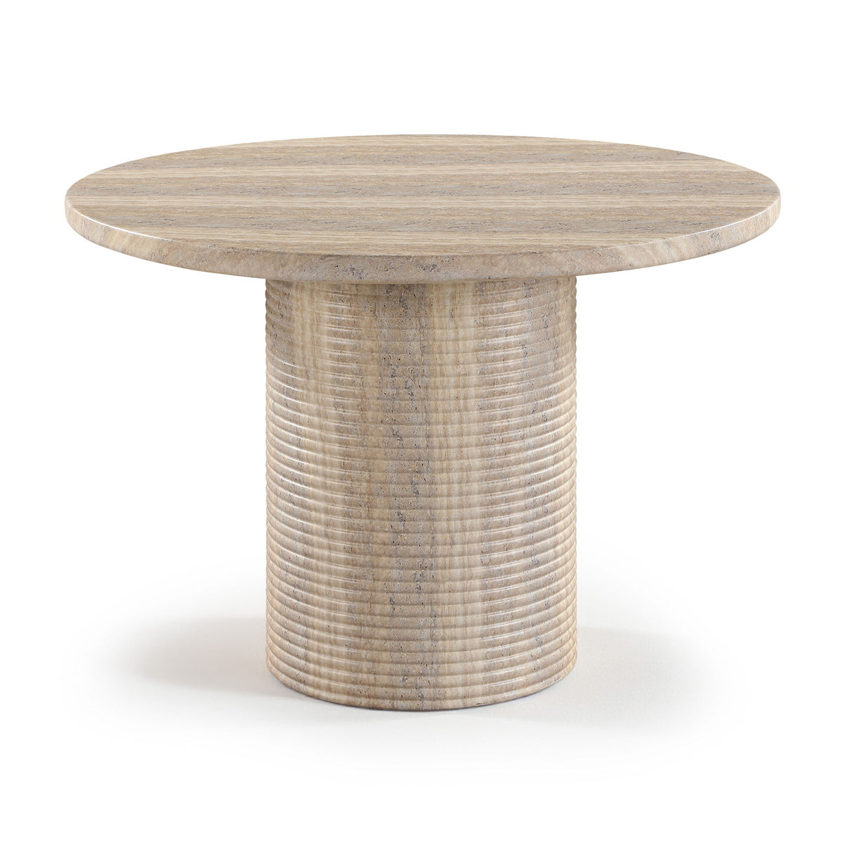 Round travertine-style dining table with textured cylindrical pedestal base