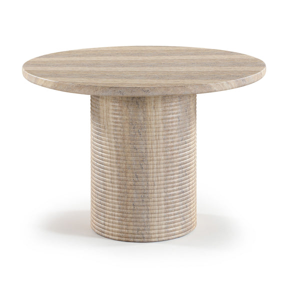 Round travertine-style dining table with textured cylindrical pedestal base