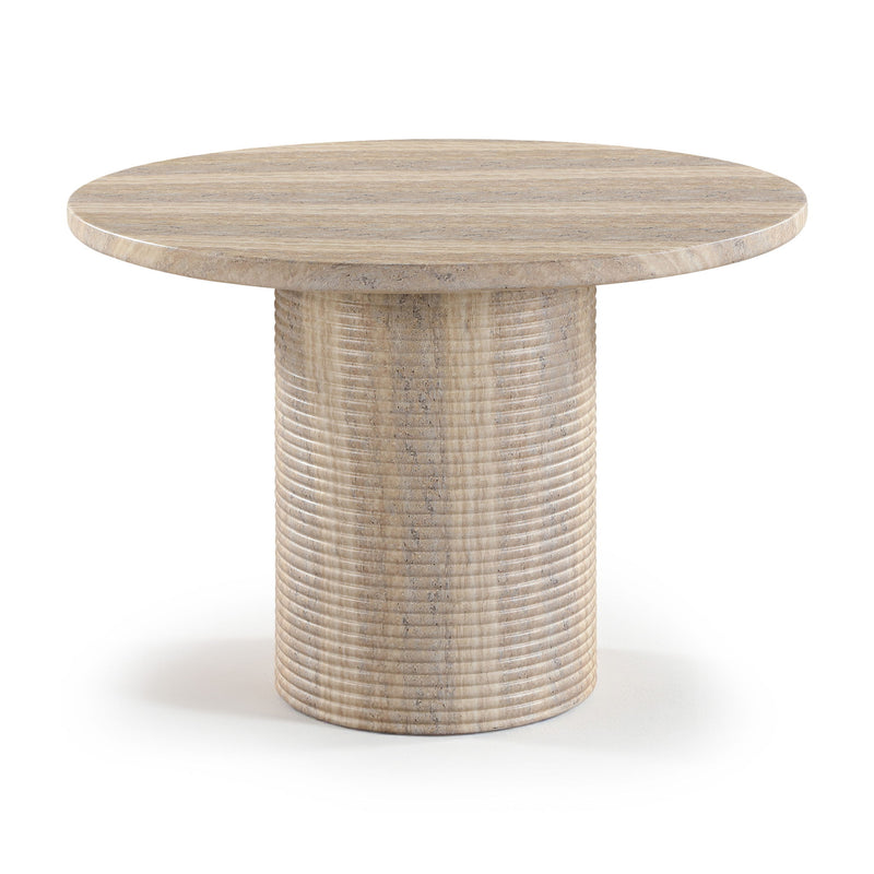 Round travertine-style dining table with textured cylindrical pedestal base