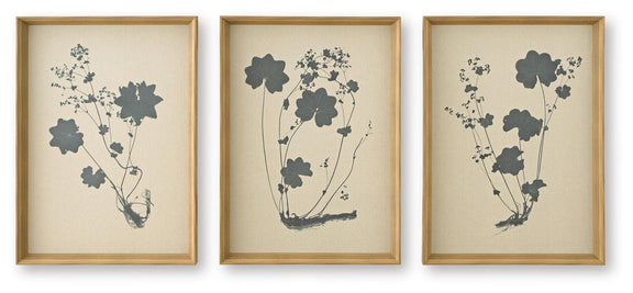 Set of 3 framed linen botanical wall art prints with black flower stem silhouettes