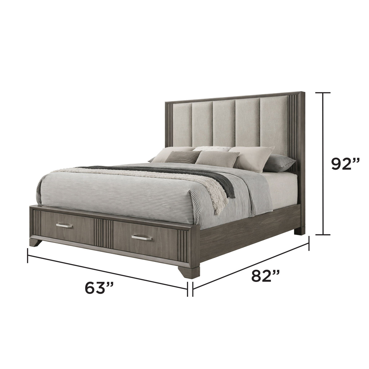 Dark gray storage bed side view with upholstered headboard and dimensions 63 in x 82 in x 92 in