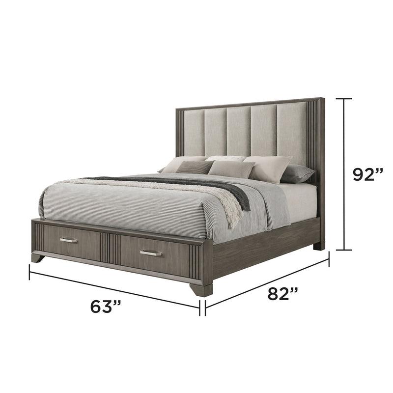 Dark gray storage bed side view with upholstered headboard and dimensions 63 in x 82 in x 92 in