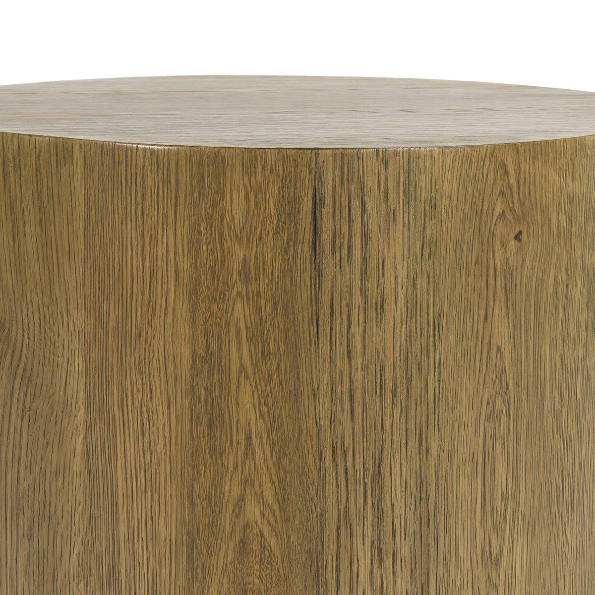 Round end table with light wood grain tabletop close-up