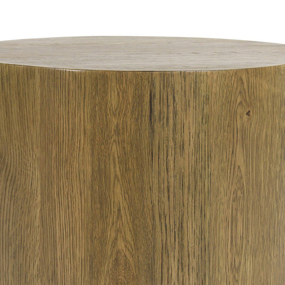 Round end table with light wood grain tabletop close-up