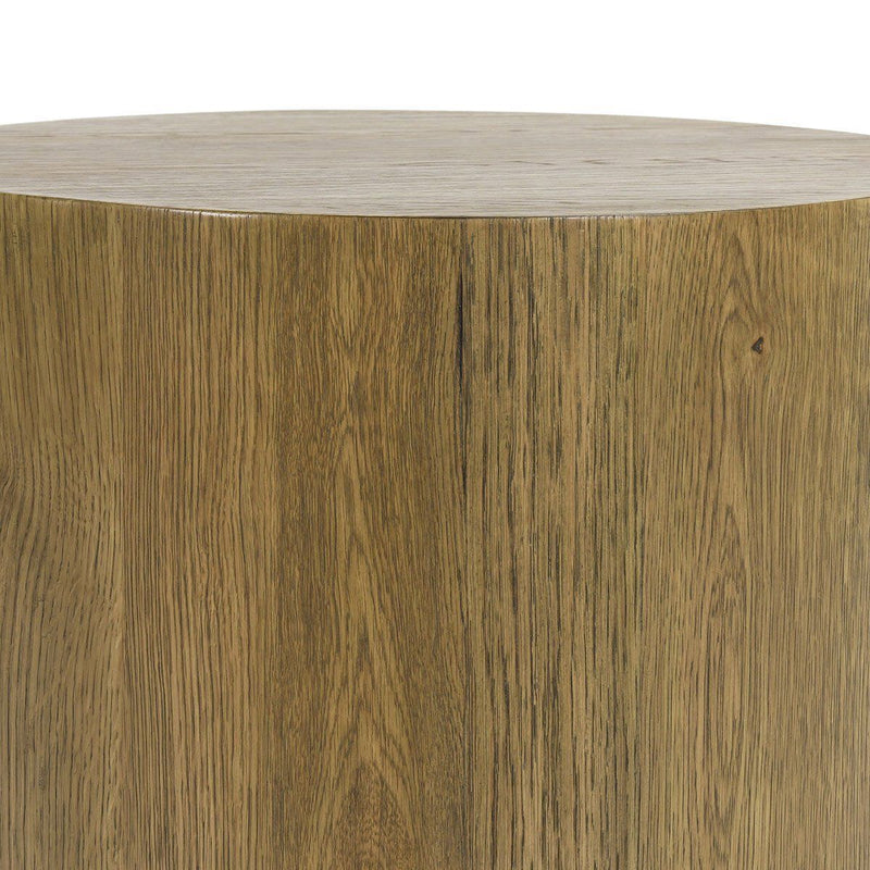 Round end table with light wood grain tabletop close-up