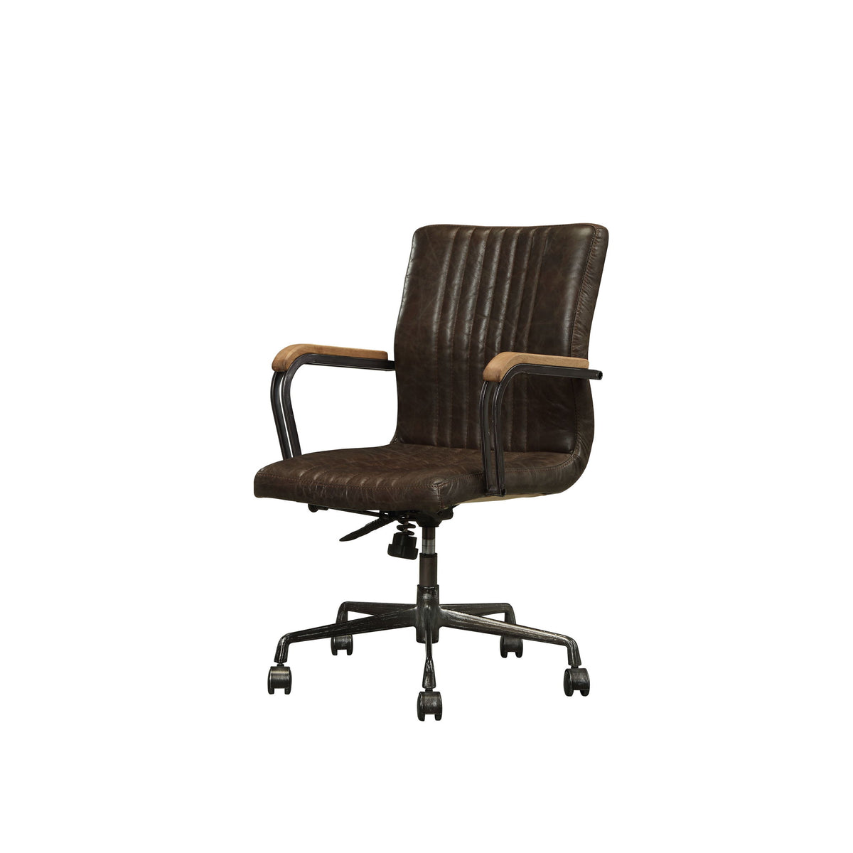 Chocolate-brown office chair with padded back and seat, adjustable height, black base