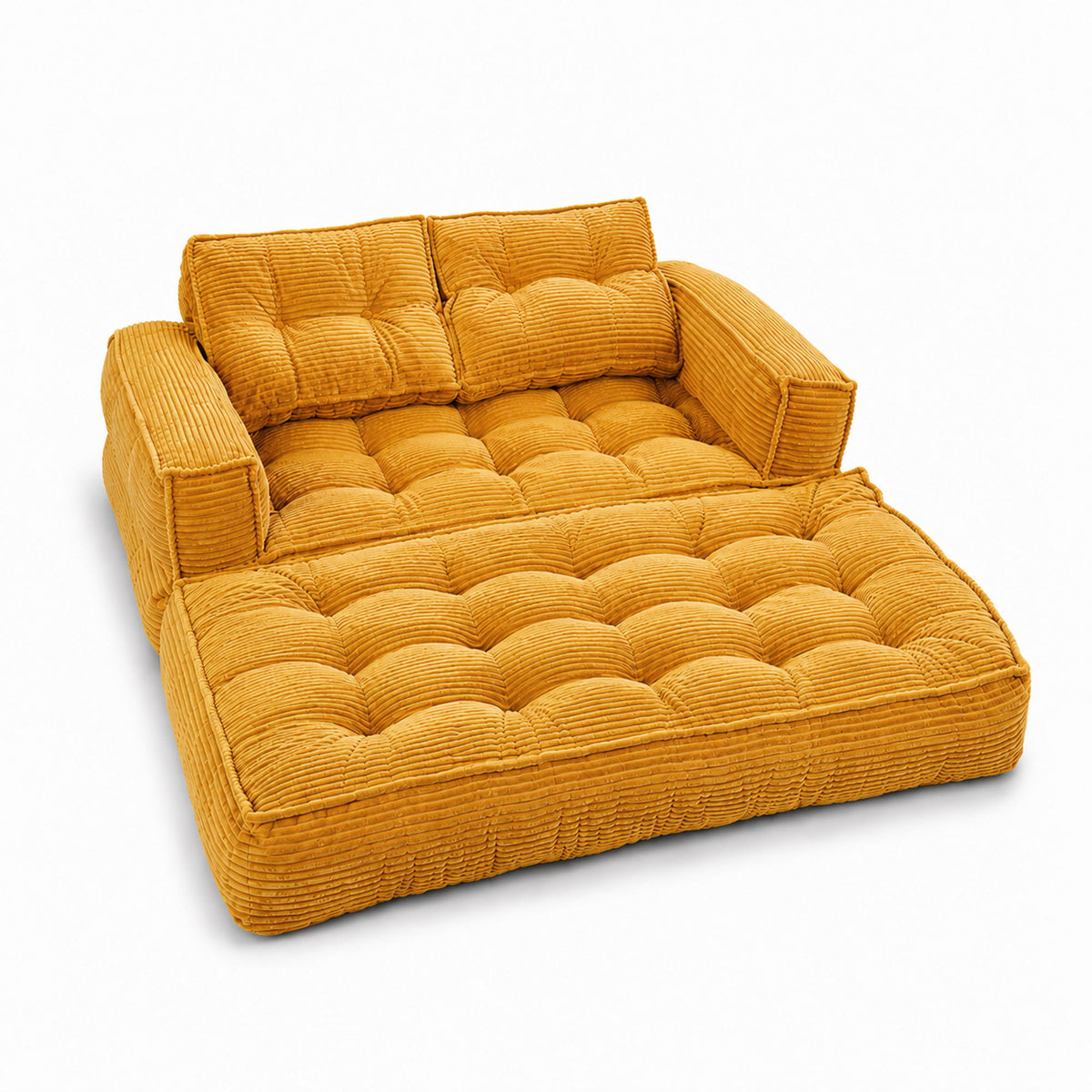 Mustard yellow corduroy modular sofa with chaise lounge, tufted seat with back cushions