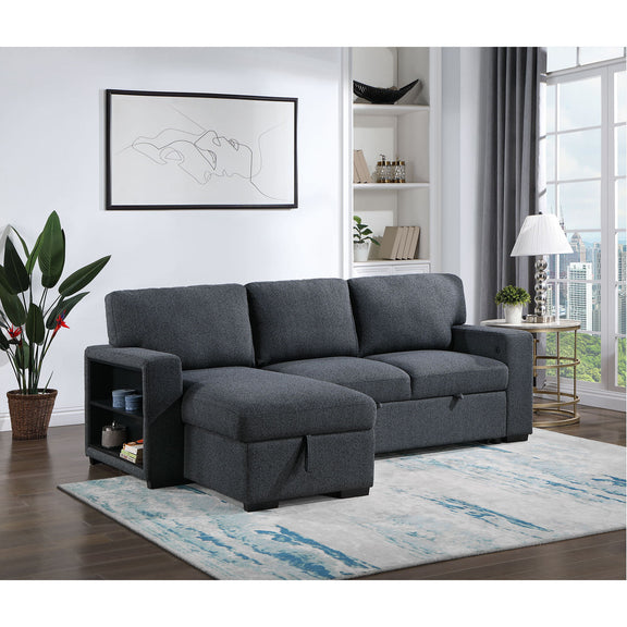 Dark gray sofa bed with pull-out chaise bed and padded armrests