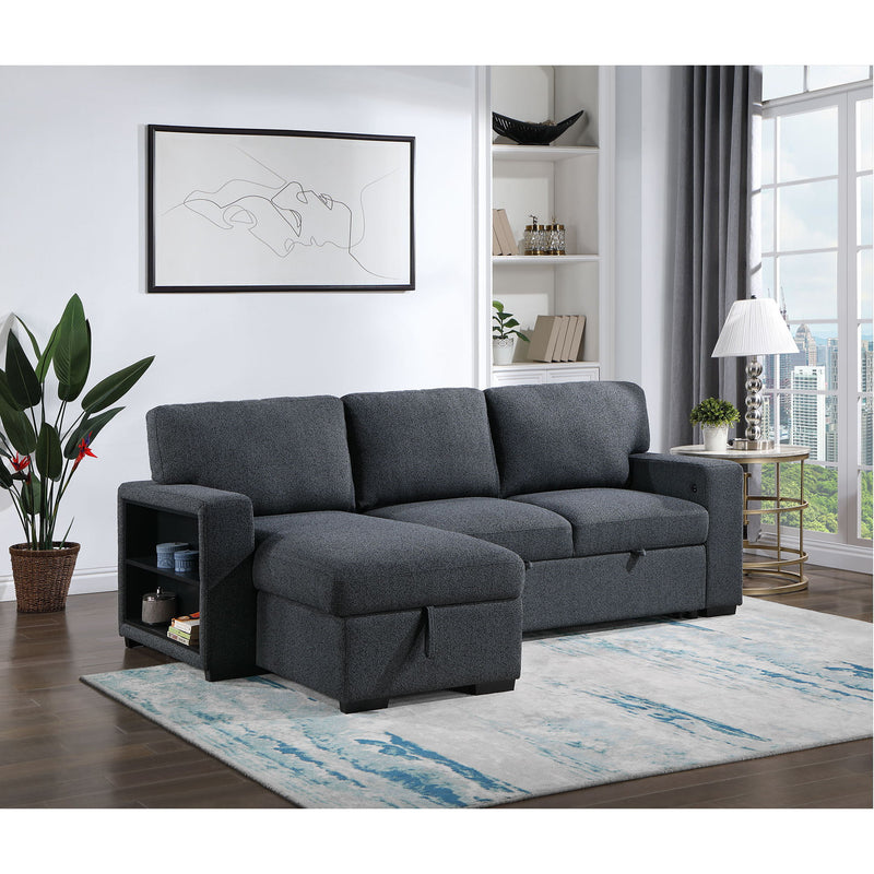 Dark gray sofa bed with pull-out chaise bed and padded armrests