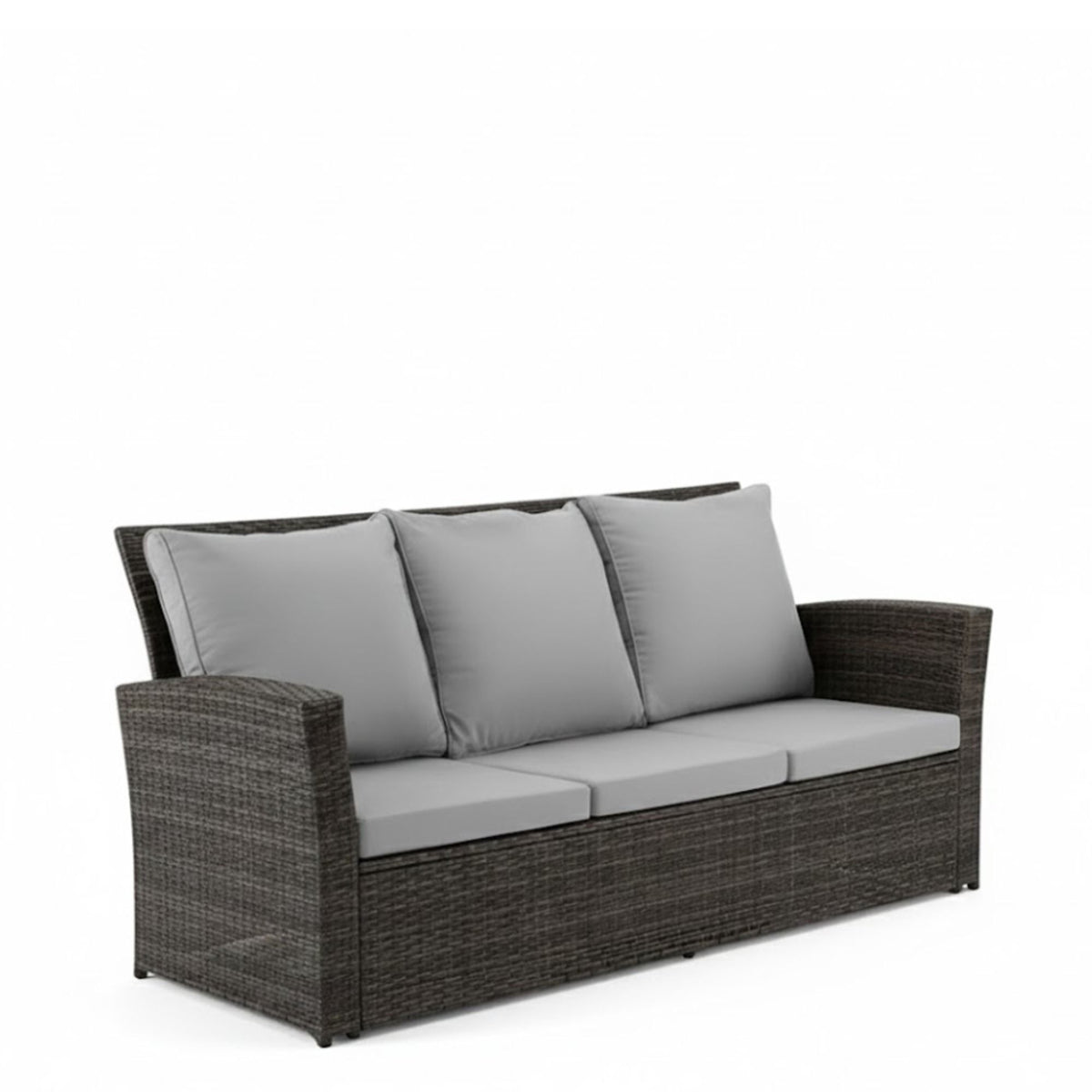Dark gray wicker 3-seat patio sofa with light gray thick seat cushions and back pillows
