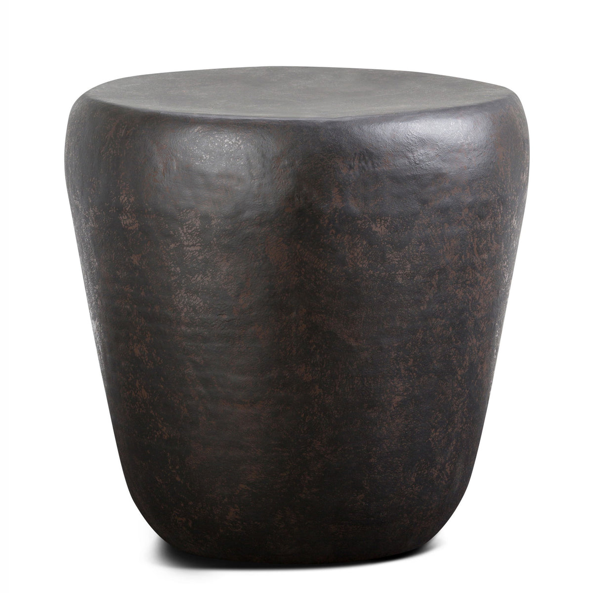 Handcrafted metal side table in dark brown, hammered finish, round top and tapered body.
