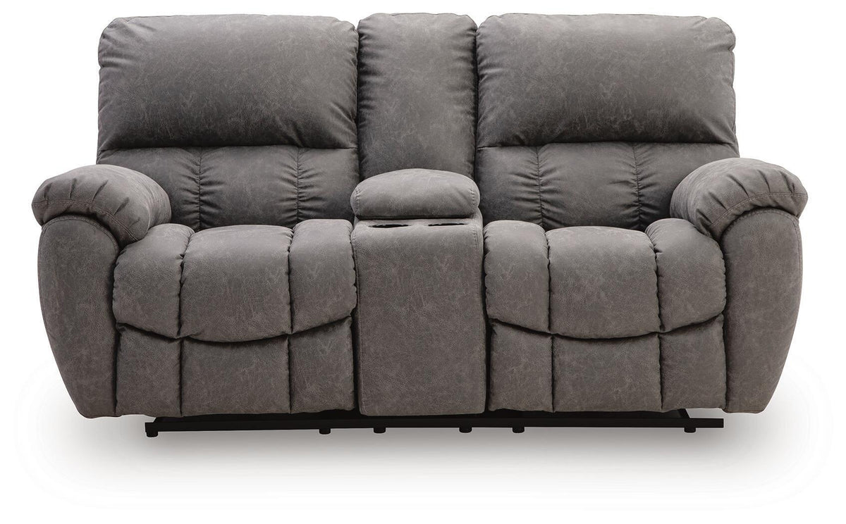 Power reclining loveseat with padded arms and adjustable headrests, dark gray upholstered