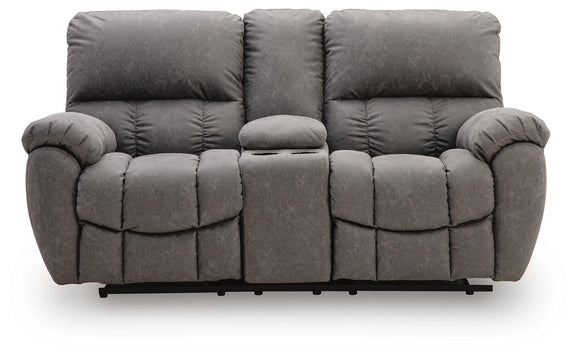 Power reclining loveseat with padded arms and adjustable headrests, dark gray upholstered
