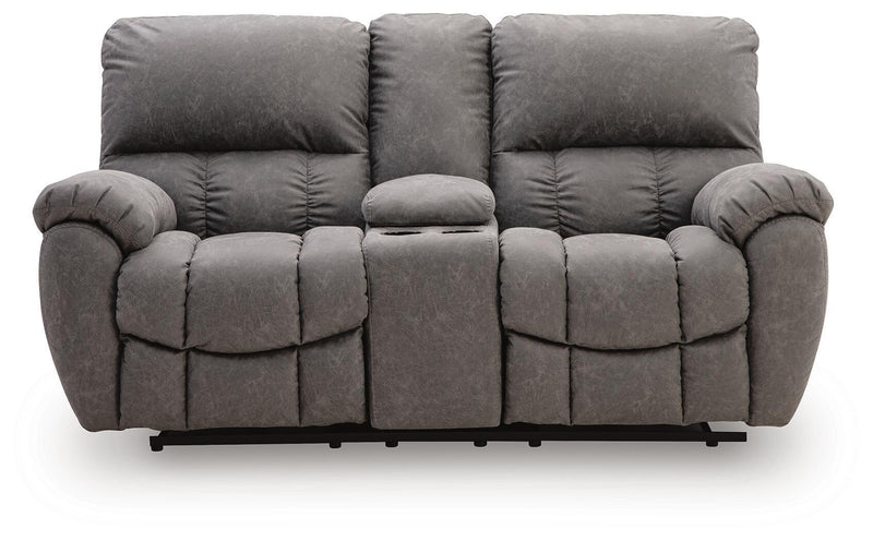 Power reclining loveseat with padded arms and adjustable headrests, dark gray upholstered