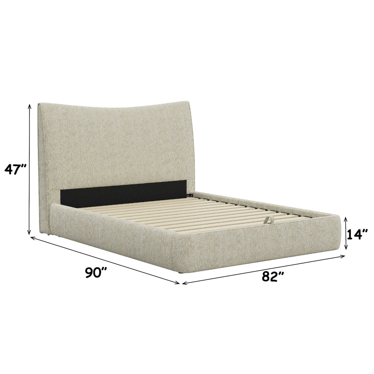 Beige upholstered bed, 90"W x 82"L x 47"H, lift-up storage with slatted base