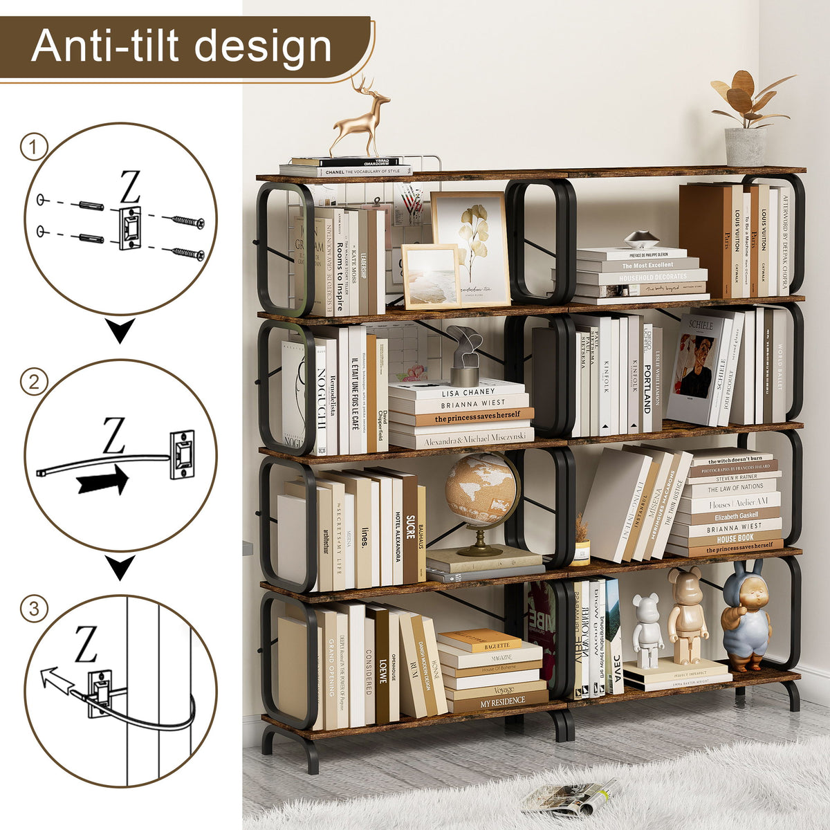 5 Tier Industrial Bookshelf, Tall Bookcase With Open Design, Vintage Storage Organizer
