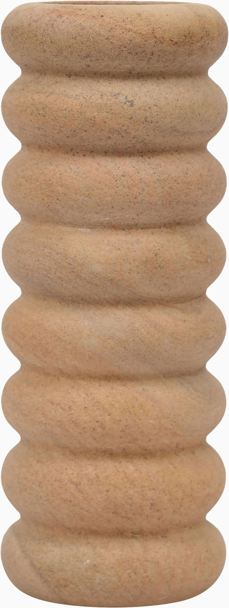 Sandstone vase with ribbed round silhouette and wide top opening, sand finish