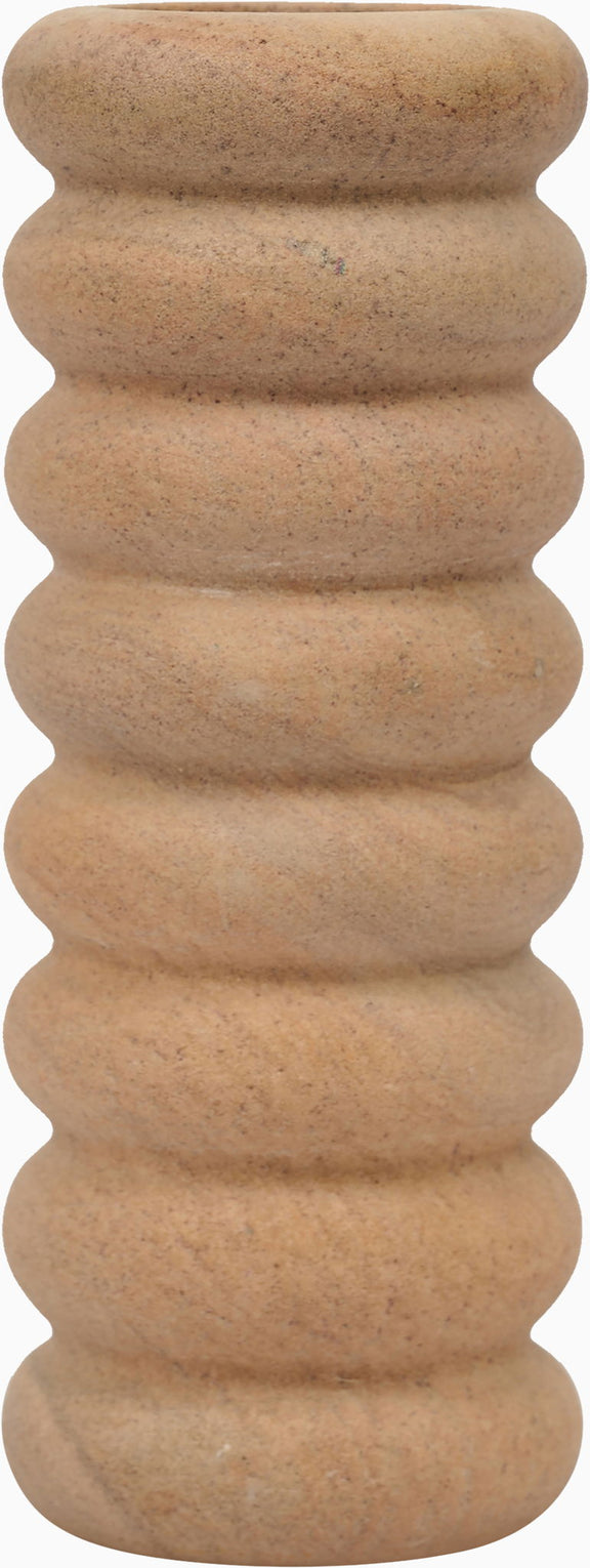 Sandstone vase with ribbed round silhouette and wide top opening, sand finish