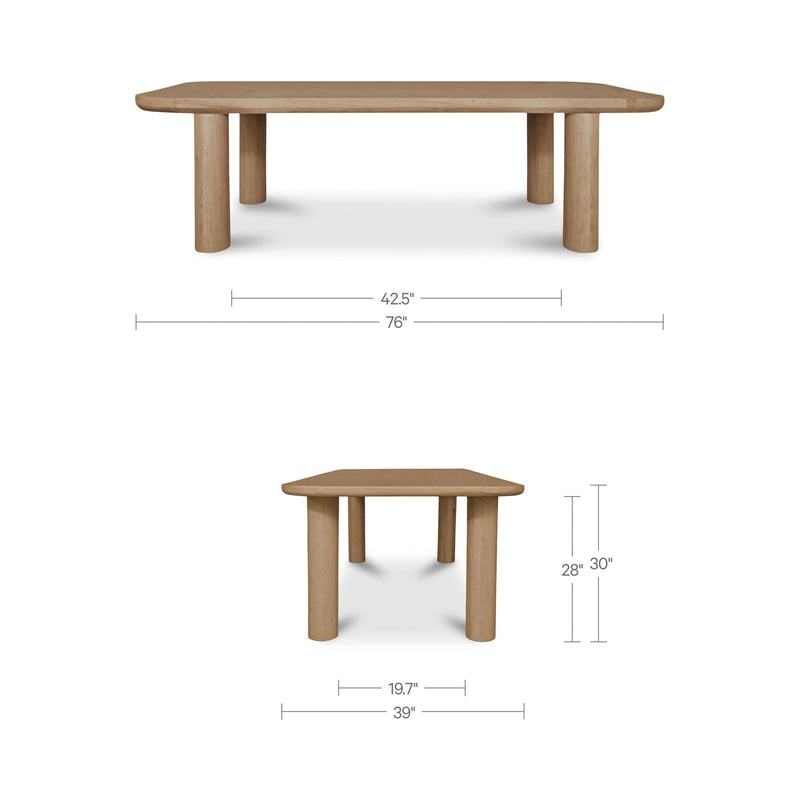 Natural wood small dining table shown with height and width dimensions
