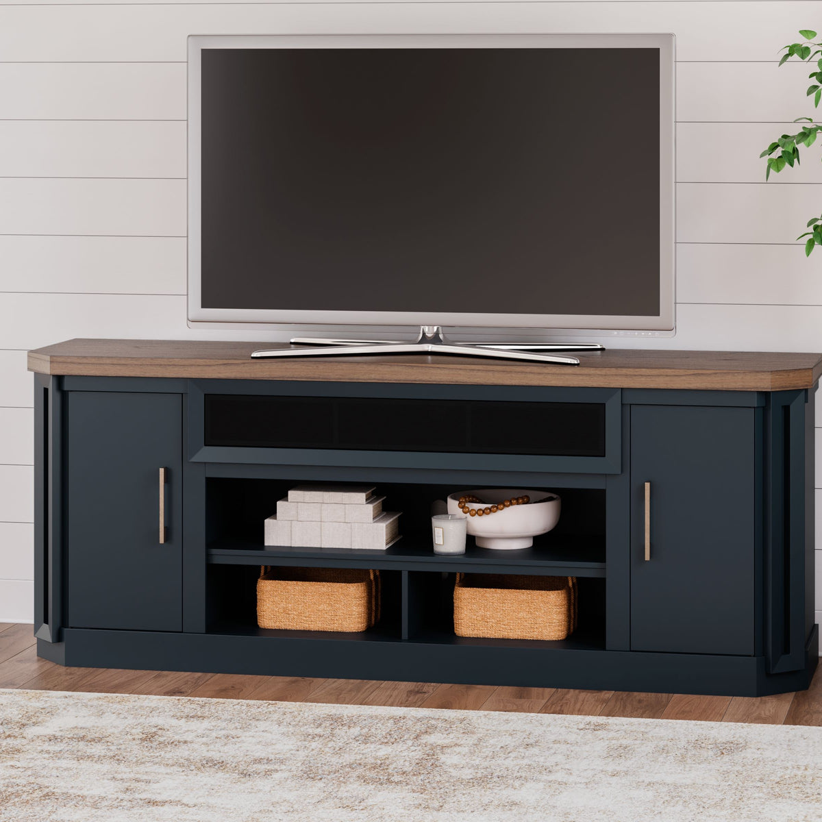 Landocken - XL TV Stand W/Fireplace Option - Brown / Blue