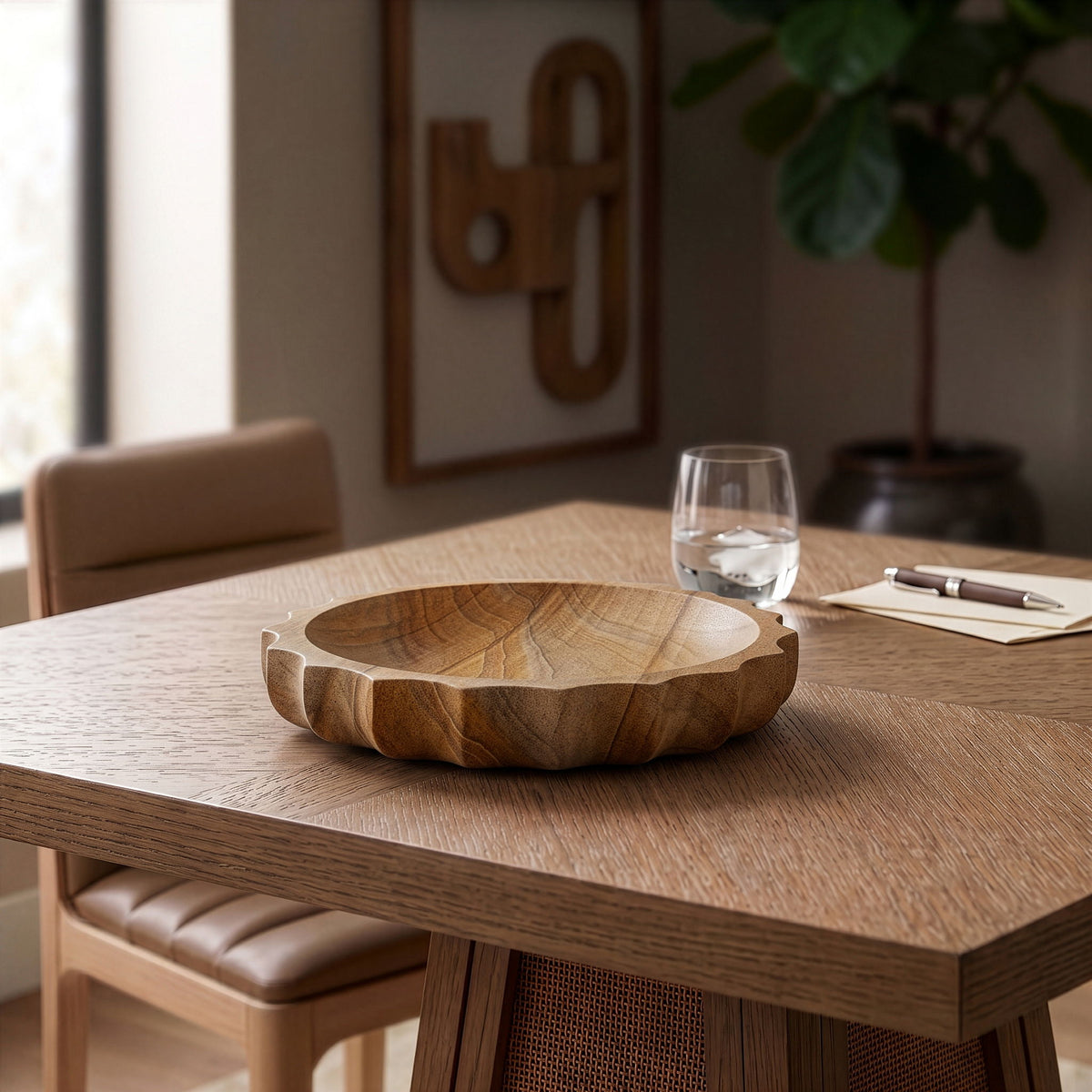 Sandstone serving bowl on tabletop, shallow round with carved edges