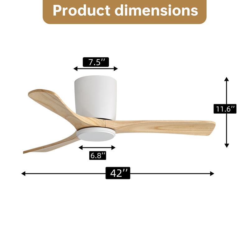 Flush mount ceiling fan with white housing and three light wood blades, 42 in.