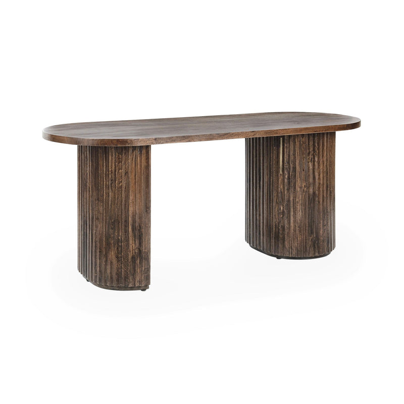 Brown wood desk with long rounded tabletop and two-side pedestal supports